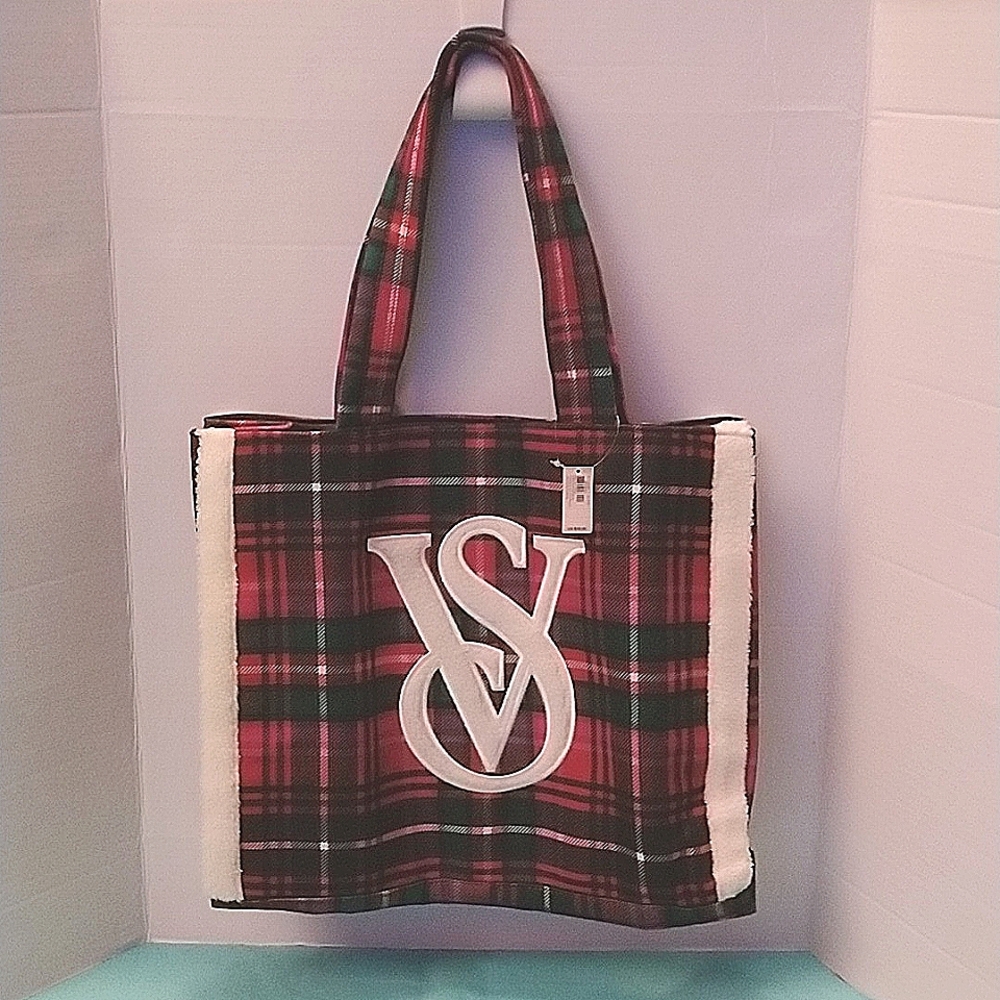 BNWT Victoria's Secret Red Plaid Print Snap Closure Tote Bag